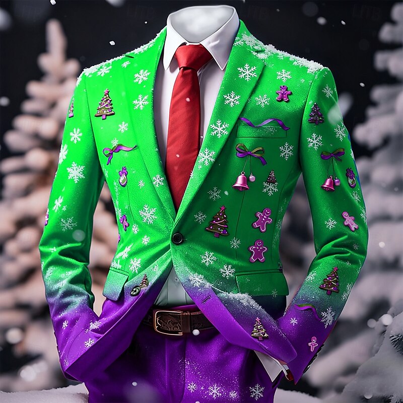 Men's Blazer Coat Christmas Casual Casual Daily Fall / Winter 100% Polyester Christmas Tree Christmas Bell 3D Print Buttons Thermal Warm Comfortable Single Breasted Blazer Blue Purple Green2