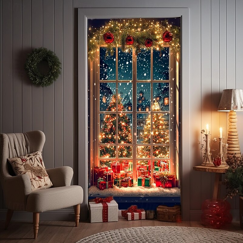 Christmas Door Cover Holiday Decoration Winter Theme Drapes Featuring Christmas Tree Gifts Print Large Fabric Panel Festive Home Decor For Living Room Bedroom Entryway Seasonal Celebration Party3
