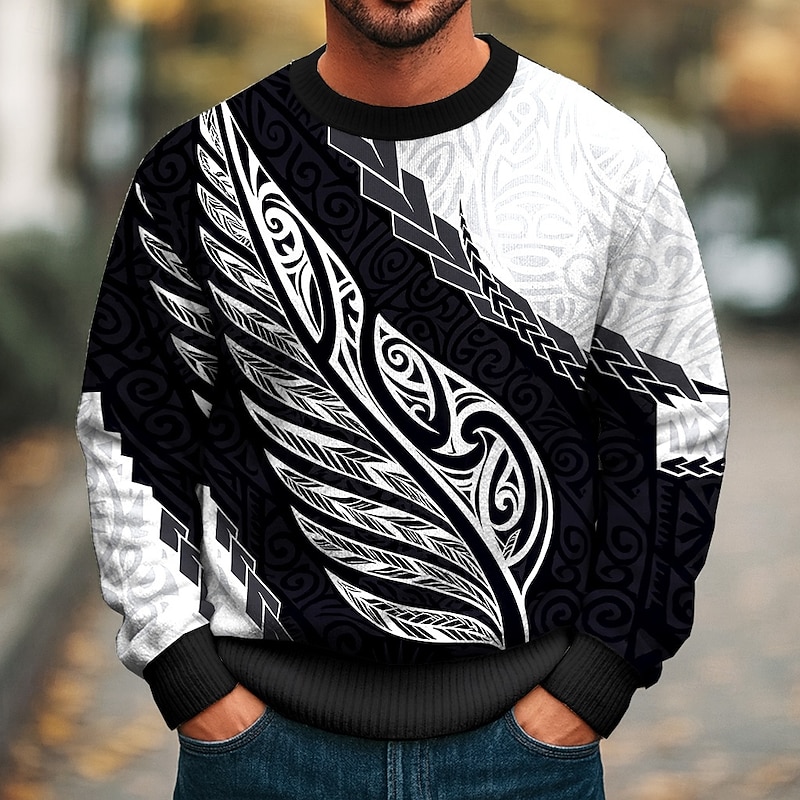 Men's Leaf Pullover Sweater Jumper Knitwear Crewneck Casual Vacation Street Daily 3D Print Knitting Keep Warm Long Sleeve Spring Fall Winter Black White2
