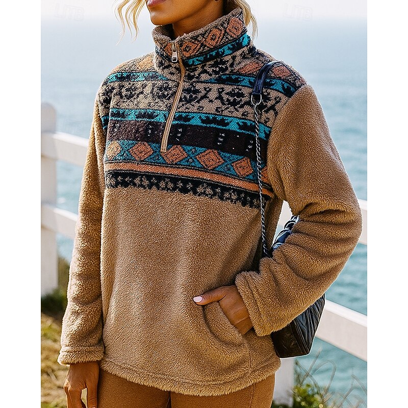 Women's Polar Fleece Sweatshirt Winter Pullover Sweatshirt Long Sleeve Top Athleisure Color Block Windproof Warm Outdoor Travel Sports Sportswear Activewear Red Khaki Gray2