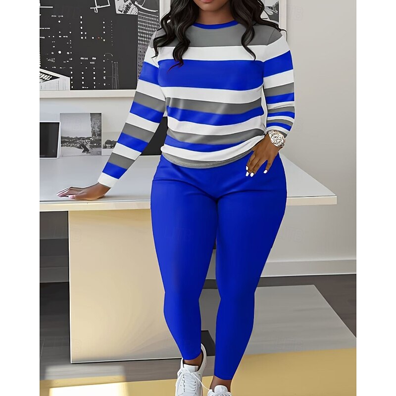 Women's Active Streetwear Pants Sets Bolero Top Long Sleeve Crew Neck Round Neck Striped Outdoor Vacation Daily Black Wine Blue Spring Regular Fit