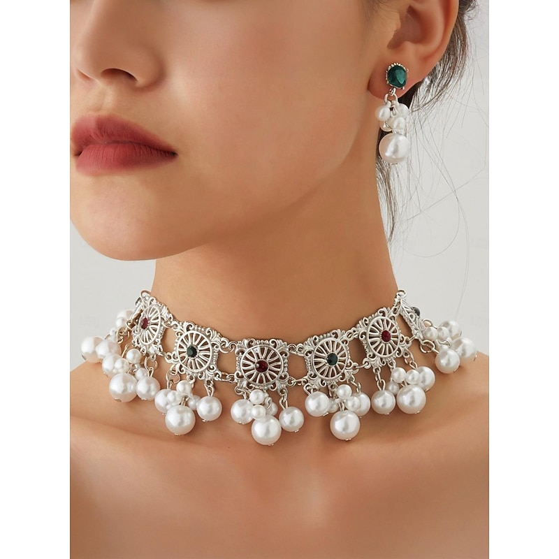 Women's Vintage Pearl Choker Necklace with Red Gem Accents - Elegant Party Jewelry for Evening and Cocktail Occasions4