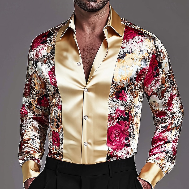 Men's Floral Print Rose Flowers Shirt Satin Shirt Dress Shirt Long Sleeve Vintage Retro Vacation Dailywear Summer Spring Fall Turndown 3D Print Button Up Shirts Yellow Blue Purple Gold