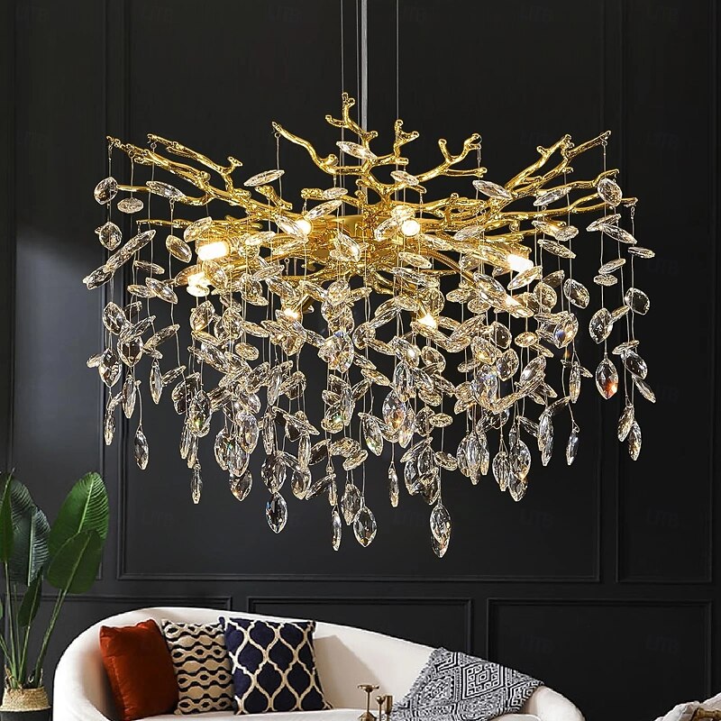 Crystal Chandelier 6 lamps 23.5 in/ 8 lamps 31.2 in Modern Gold Chandelier Lighting Branches Restaurant Raindrop Chandelier Hanging Lamps AC110V AC220V