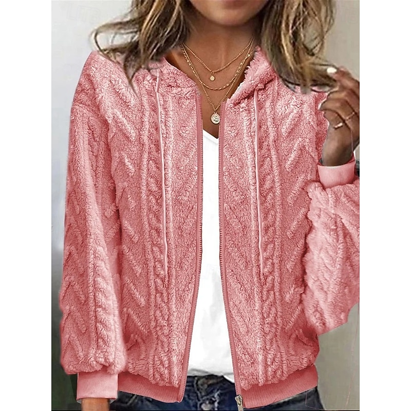 Women's Winter Coat Comfortable Breathable Jacquard Zipper Textured Casual Plain Office Street Casual Daily Wear Zipper Regular Hooded Loose Fit Long Sleeve Outerwear Pink Blue Khaki Spring Fall