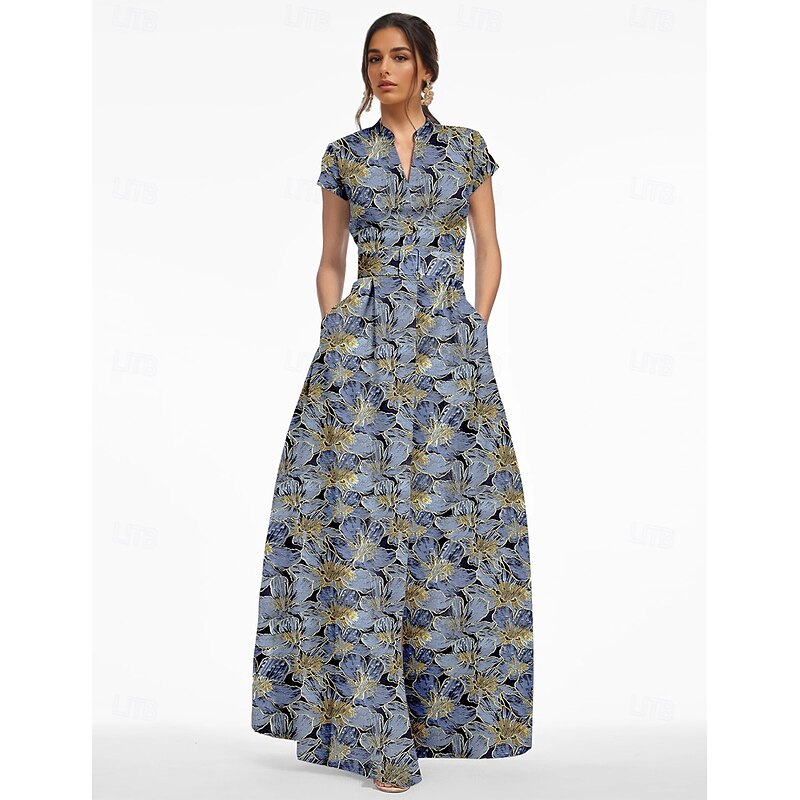 Jacquard Brocade Floral Mother of the Bride A-Line Evening Gown Elegant Dress Formal Wedding Guest Floor Length Short Sleeve V Neck Pocket Nylon with Slit Pocket