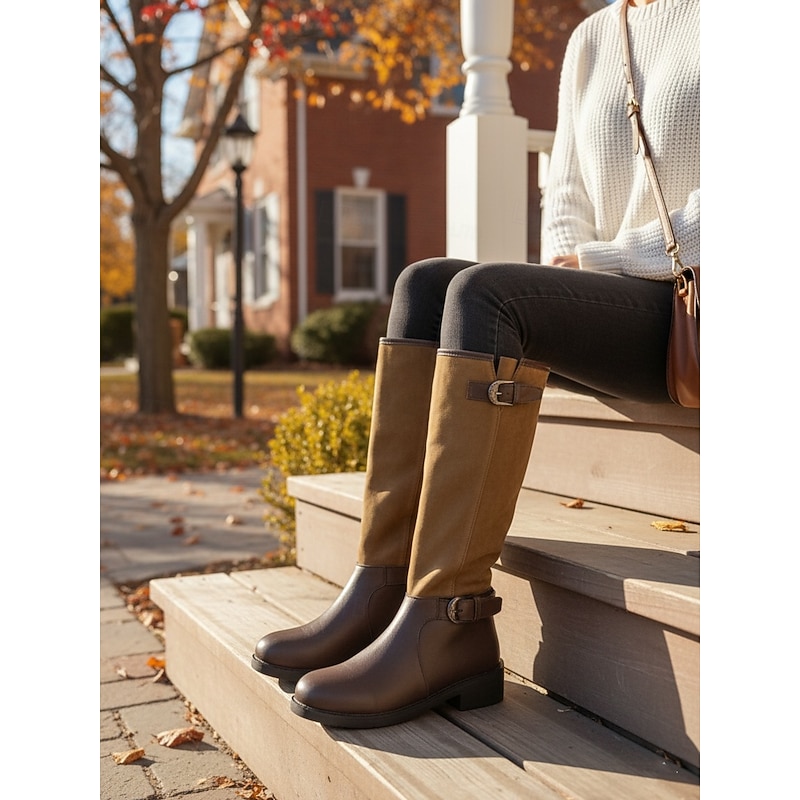 Women's Adjustable Shaft Knee High Boots - Suede and Faux Leather Combination with Buckle Detail, Fashionable Riding Style Footwear for Urban Casual Outfits and Everyday Wear3