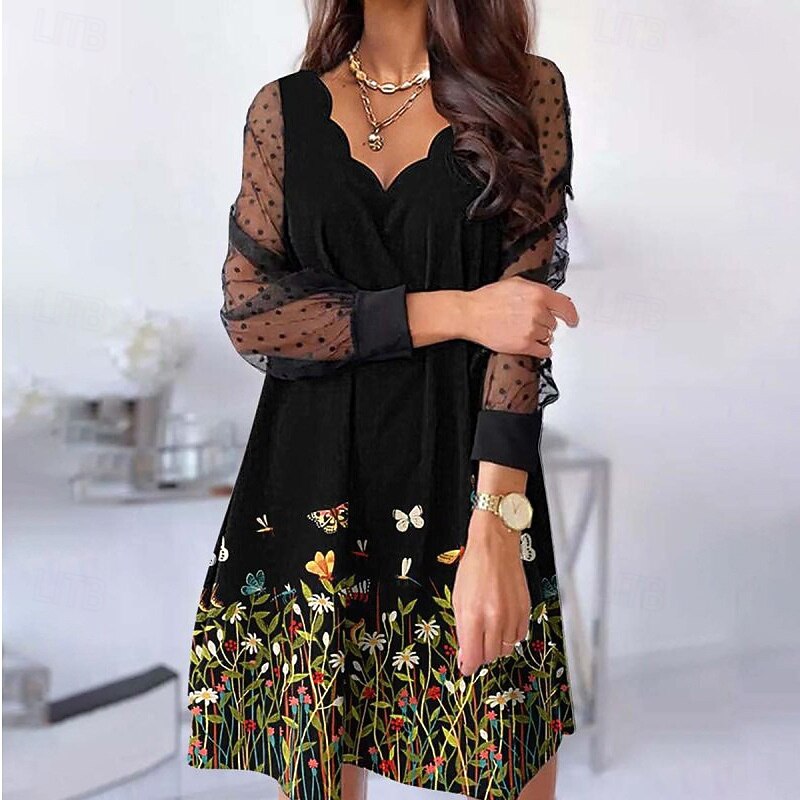 Women's Mini Dress Black Dress Party Dress Casual Dress Cocktail Dress Elegant Fashion Modern Outdoor Party Daily Loose Fit Floral Graphic Long Sleeve V Neck Light Pink Black Yellow Pink Summer2