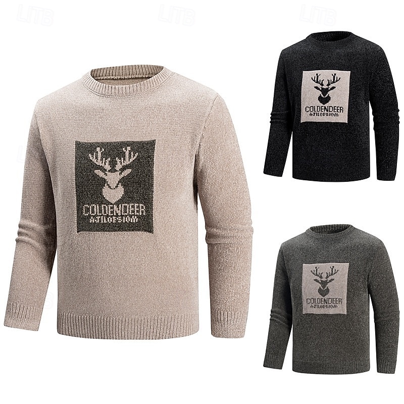 Men's Christmas Sweaters Sweater Pullover Sweater Jumper Ribbed Knit Regular Tops Knitted Slim Fit Plain Crew Neck Knitwear Contemporary Casual Daily Wear Clothing Apparel Fall Black Khaki M L XL