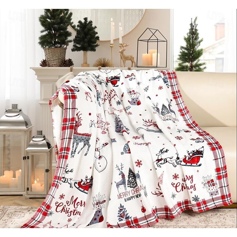 Christmas Reindeer Flannel Blanket, Ultra-Soft Plush Warm Throw, Holiday Bed & Sofa Decor for Winter