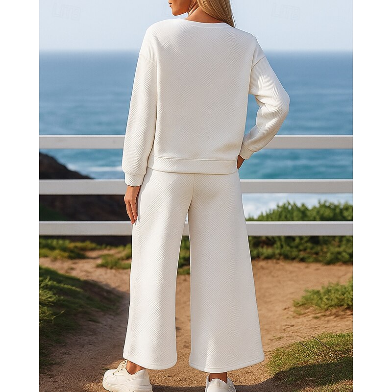 Women's Sweatpants 2 Piece Tracksuit Sportswear Wide Leg Solid Colored Clothing Suit Fall Black White Outdoor Travel Sports Moisture Wicking Long Sleeve Sport Activewear Micro-elastic Regular Fit2