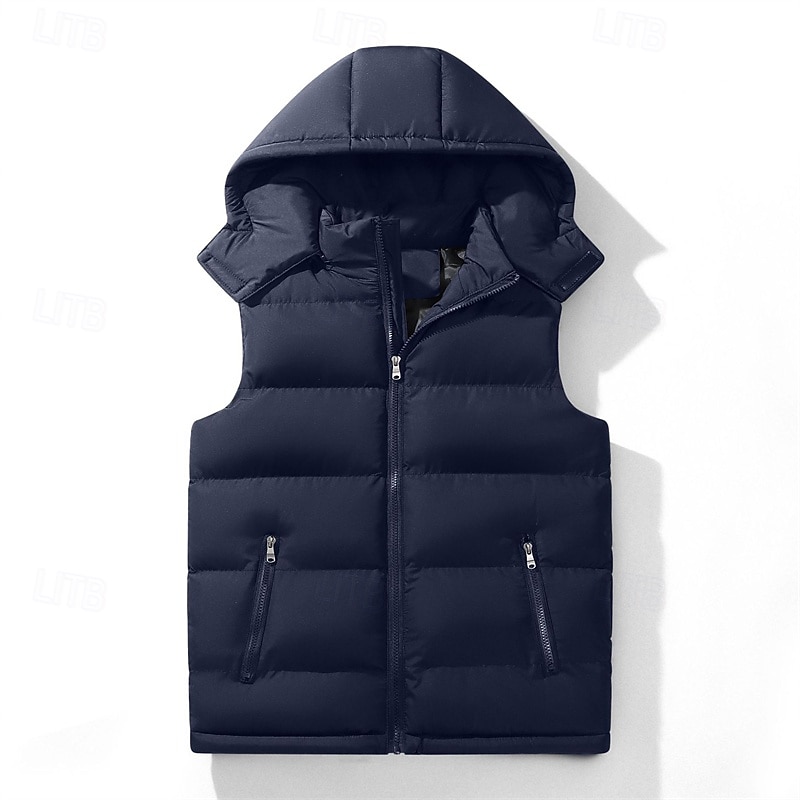 Men's Puffer Vest Vest Gilet Vacation Daily Date Fashion Casual Fall Winter Pocket Polyester Warm Comfortable Solid Color Zipper Hooded Regular Fit Black Blue Vest2