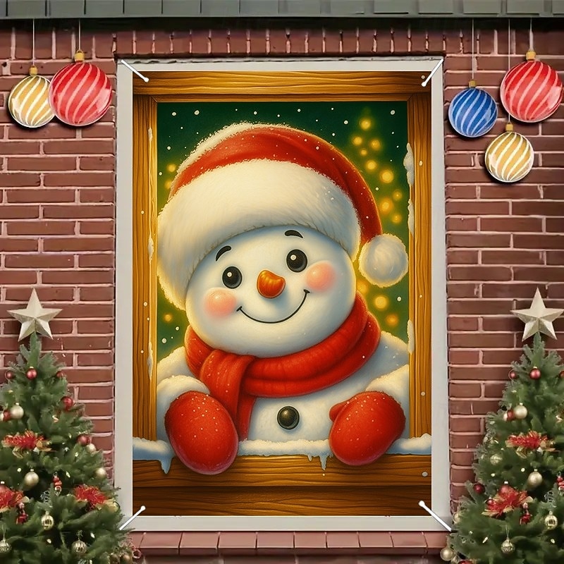 Christmas Snowman Friends Curtain, 2025 Xmas Cute Winter Window Curtain Door Cover for Holiday Decor, Kids Room, Front Door, Indoor Outdoor Hanging Tapestry3
