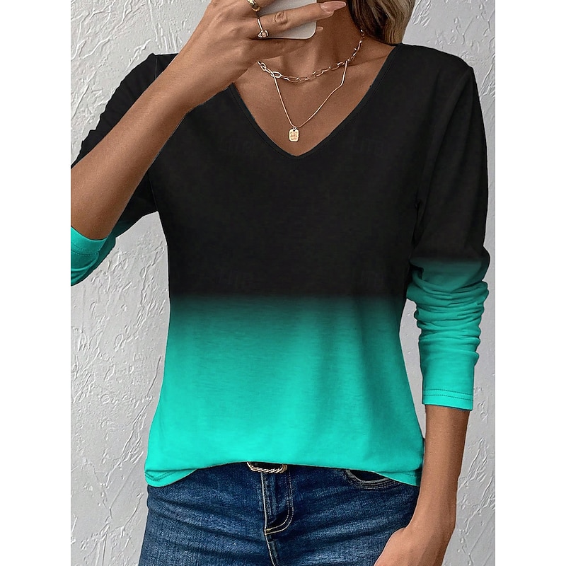 Women's T Shirt Ombre Graphic Vintage Stylish Classic Long Sleeve V Neck Regular Tops Daily Print Red Blue Purple Orange Green Spring Fall Winter2