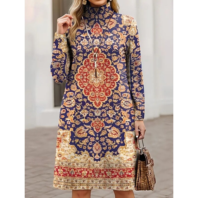 Women's Sweater Dress Mini Dress Shift Dress A Line Dress Vacation Party Casual Outdoor Home Casual Loose Fit Ombre Graphic Paisley Long Sleeve Turtleneck Blue khaki Gray Spring Fall Winter