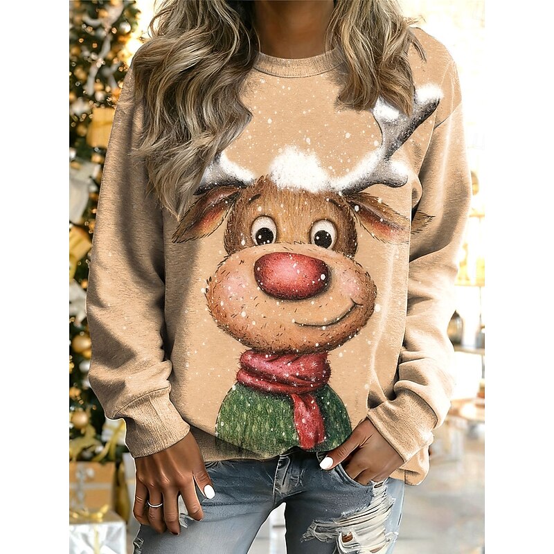 Women's Pullover Graphic Reindeer Warm Classic Casual Long Sleeve Crew Neck Regular Tops Home Street Dailywear Print Yellow Pink Blue Purple Green Fall Winter3
