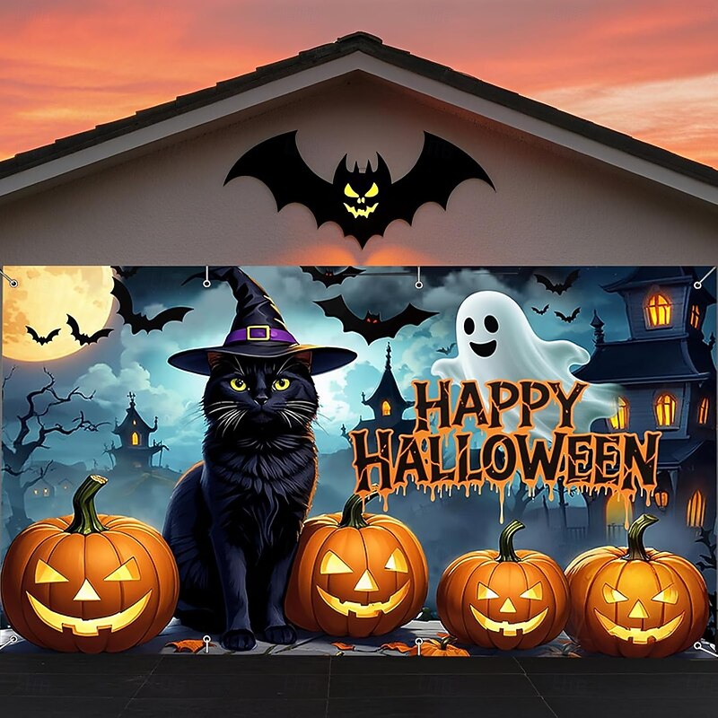 Halloween Garage Door Cover Dark Haunted House Pumpkin Skull Tombstone Scene Spooky Outdoor Decoration Creepy Horror Haunted Yard Decor Scary Halloween Party Supplies for Outdoor Decor