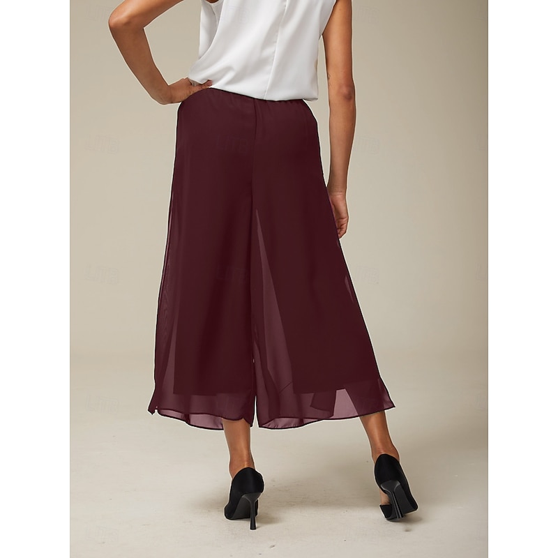 Women's Culottes Wide Leg Vacation Classic Calf-Length Mid Waist Elastic Waist Stylish Fashion Stretchy Formal Office Dailywear Wine Summer Spring Fall2