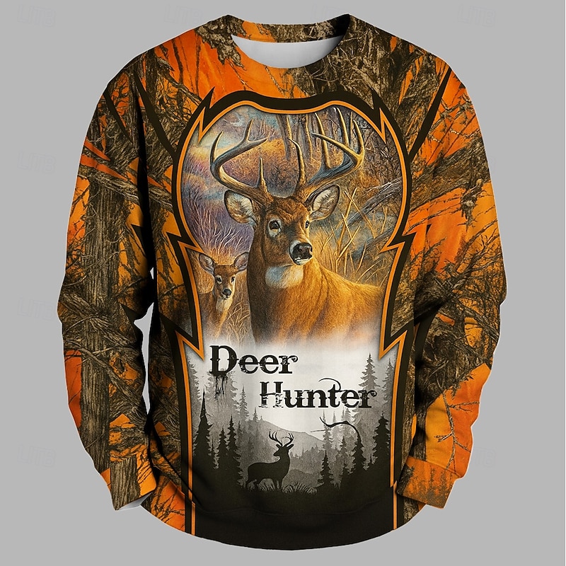 Men's Deer Sweatshirt Hunting Crew Neck Outdoor Sports Outdoor Orange Crewneck 3D All Seasons Designer