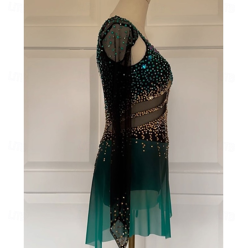 Figure Skating Dress Women's Girls' Ice Skating Dress Dark Green Patchwork Open Back Mesh Spandex High Elasticity Training Competition Skating Wear Classic Crystal / Rhinestone Long Sleeve Ice2