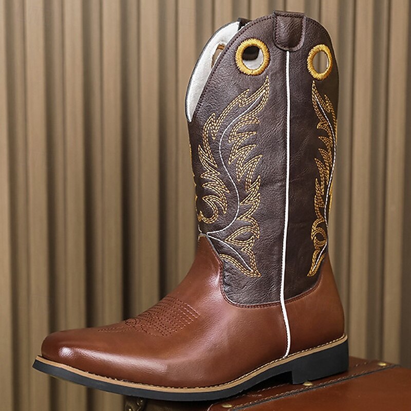 Men's Embroidered Faux Leather Cowboy Boots – Classic Western Riding Boots with Stitched Design for Outdoor, Country Dance and Casual Wear2