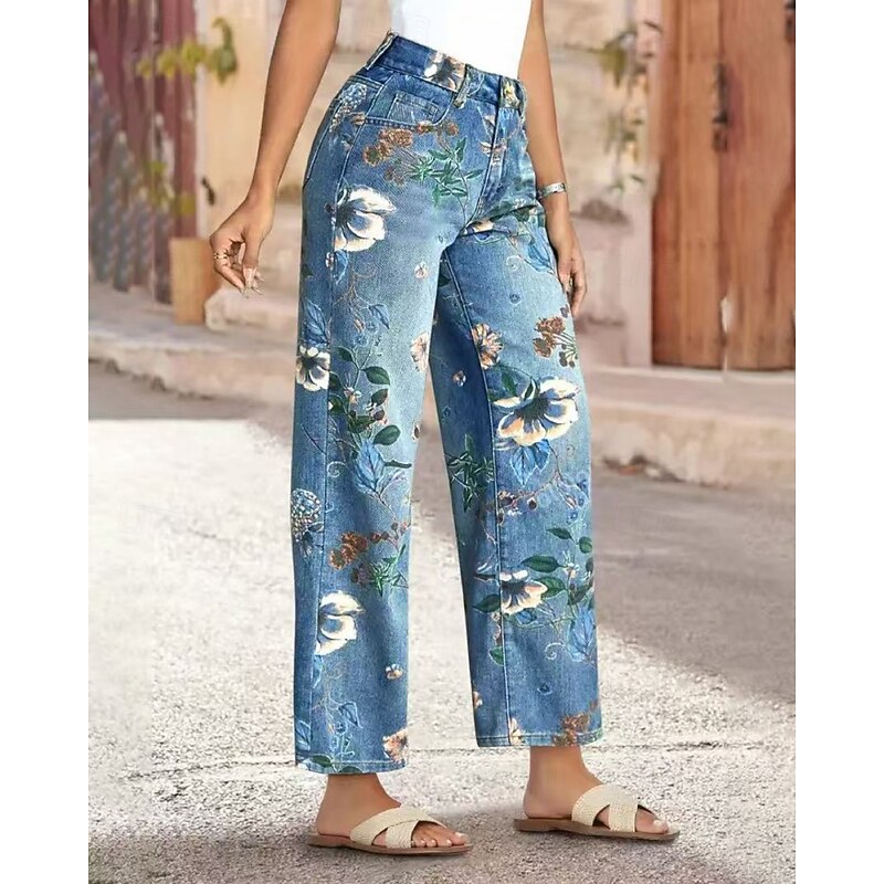 Women's Jeans Culottes Wide Leg Chinos Streetwear Casual Full Length Medium Waist Floral Pocket Elastic Waist Printing Comfortable Micro-elastic Outdoor Vacation Daily Deep Blue Light Blue Fall Winter2