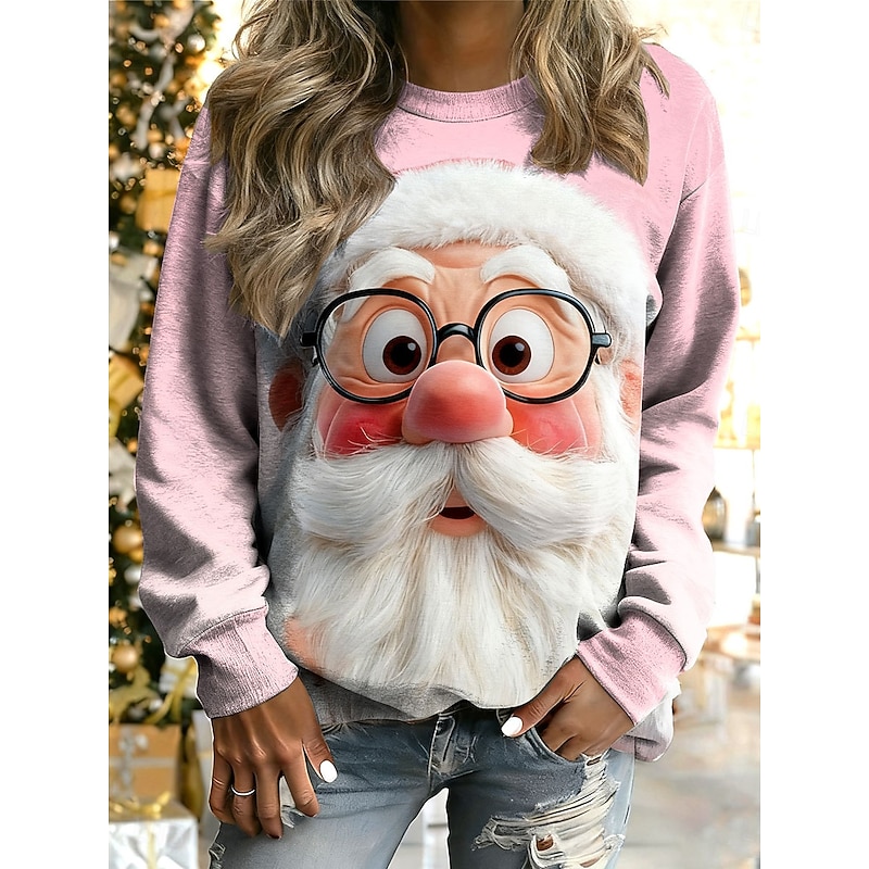 Women's Pullover Graphic Santa Claus Warm Classic Casual Long Sleeve Crew Neck Round Neck Regular Tops Home Street Dailywear Print Pink Red Blue Fall Winter2