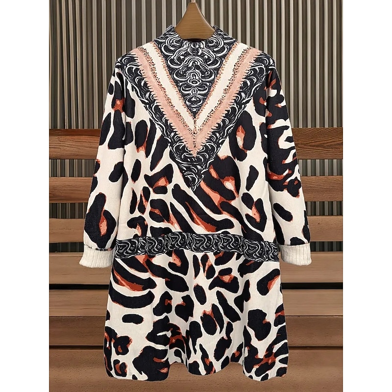 Women's Sweater Dress Mini Dress Shift Dress A Line Dress Vacation Party Casual Outdoor Home Casual Loose Fit Graphic Leopard Tribal Long Sleeve Turtleneck White Blue Spring Fall Winter2
