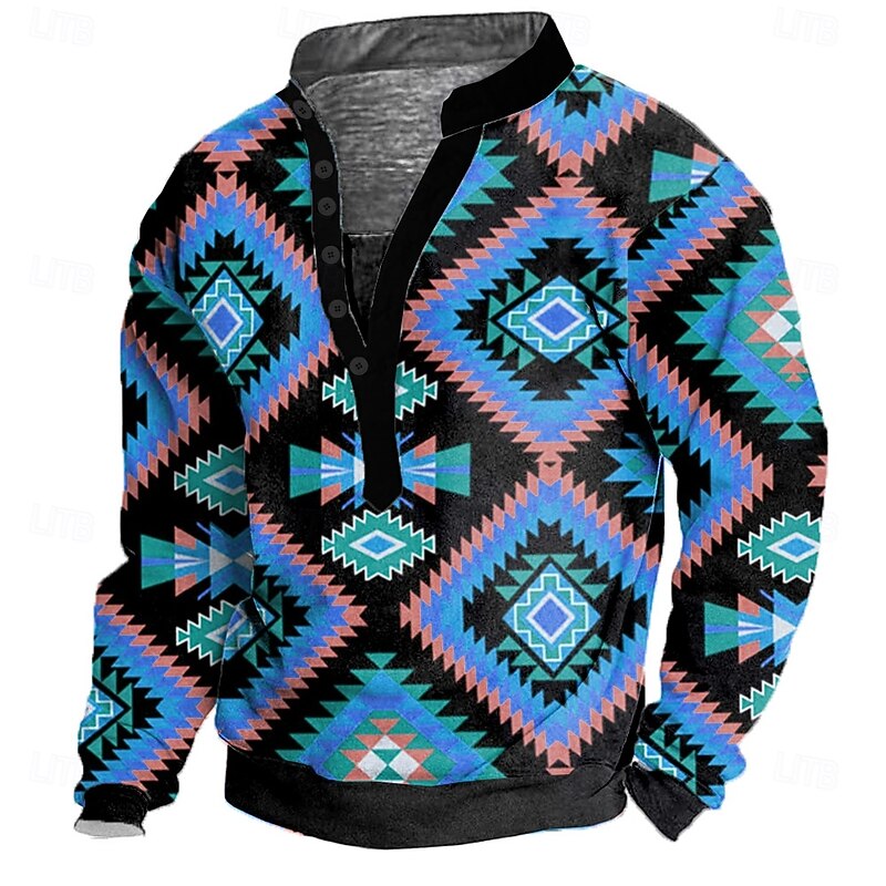 Men's Aztec Sweatshirt Ethnic 3D High Neck Gift Travel Streetwear Yellow Blue Button Front Fall Winter Designer2