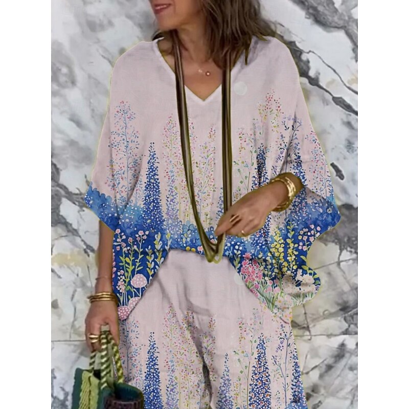 Women's Vacation Fashion Pants Sets 3/4 Length Sleeve V Neck Floral Print Vacation Daily Holiday Pink Summer Regular Fit2