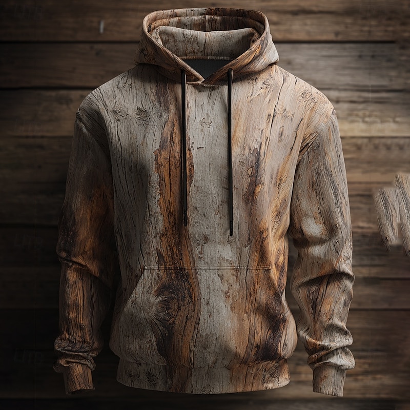 Men's Wood Grain 3D Sweatshirt Ethnic Cowboy Crew Neck Streetwear Light Brown Brown Drawstring Fall Winter Designer