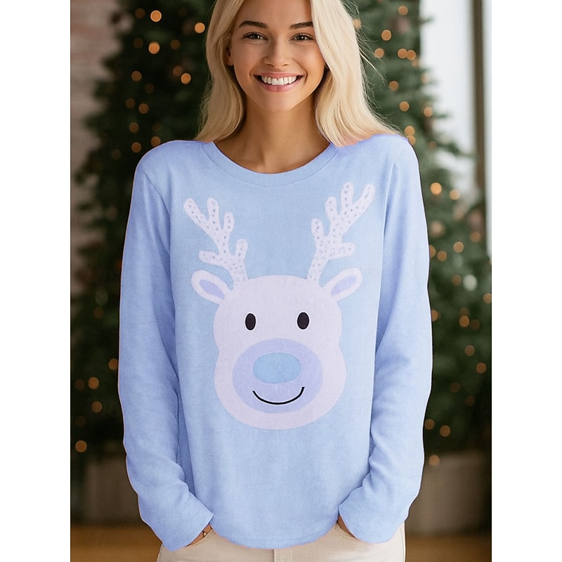 Christmas Women's T Shirt Graphic Reindeer Vintage Fashion Stylish Long Sleeve Crew Neck Regular Tops Daily Weekend Print Pink Blue Purple Green Spring Fall Winter3