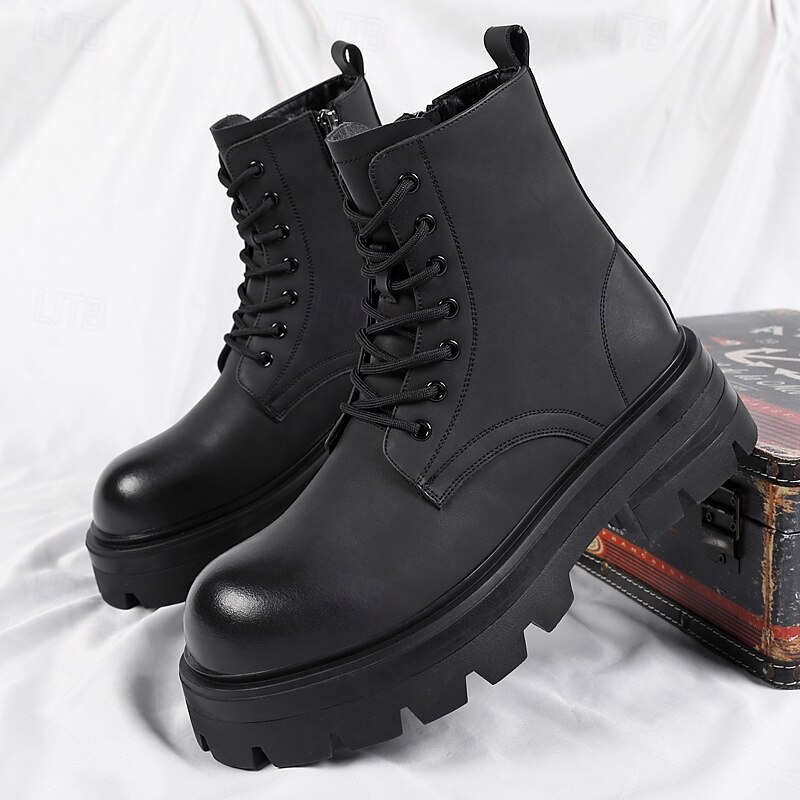 Black Faux Leather Men's Lace-Up Boots with Wing Pattern, Rugged Sole, and Military-Inspired Design – Best for Harley Riders, Outdoor Adventures, Casual Fashion and Urban Street Style2