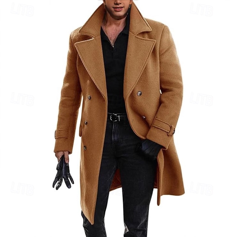 Men Overcoat Peacoat Long Trench Coat Trench Coat Business Casual Fall Winter Autumn Polyester Outerwear Clothing Apparel Classic Formal Plain Notch lapel collar4