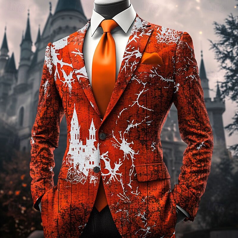 Men's Graphic Blazer Jacket Comfortable Artistic Casual Party Evening Wear Daily Festival 3D Print Buttons Multi Pocket Spring Fall & Winter Flat collar Long Sleeve Red Purple Orange