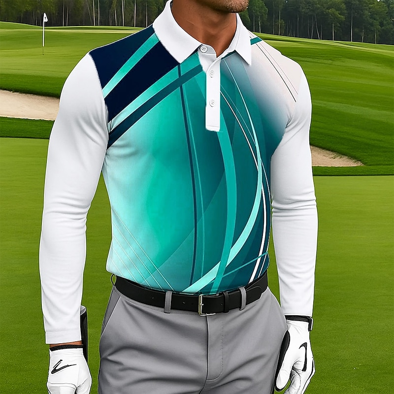 Men's Geometic Golf Polo Long Sleeve Polo Shirts Lapel Casual Outdoor Athleisure Daily Wear 3D Print Buttons Spring Fall Winter Lake blue Red Blue2