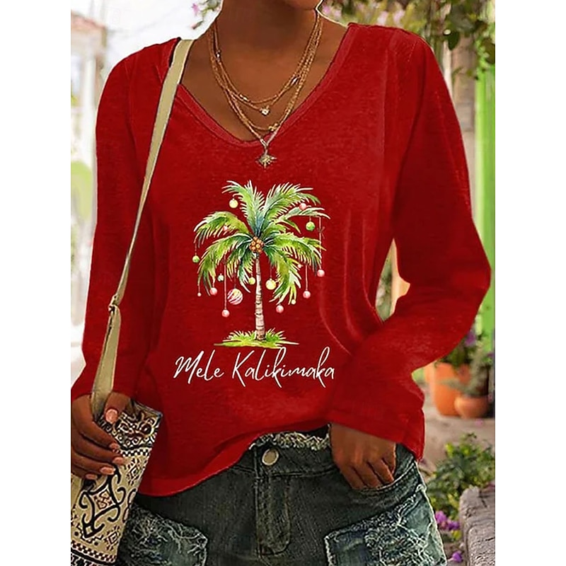 Christmas Women's T Shirt Graphic Christmas Tree Vintage Stylish Classic Long Sleeve V Neck Regular Tops Daily Print Red Green Gray Spring Fall Winter