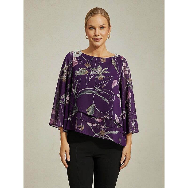 Women's Blouse Sheer Chiffon Dark Purple Floral Print Half Sleeve Layered Hem Round Neck Pullover