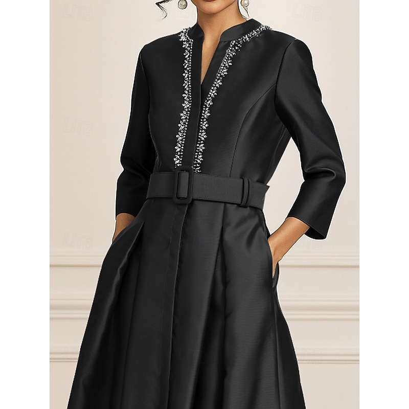 Black A-Line Evening Gown Elegant Formal Dress Formal Wedding Floor Length 3/4 Length Sleeve V Neck Stretch Satin with Crystals 20252