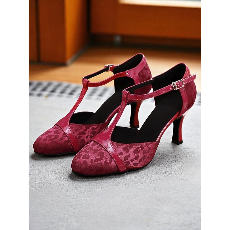 Women's Red T-Strap Dance Shoes with Leopard Print - Professional Ballroom Heels for Dance Practice and Party Events3