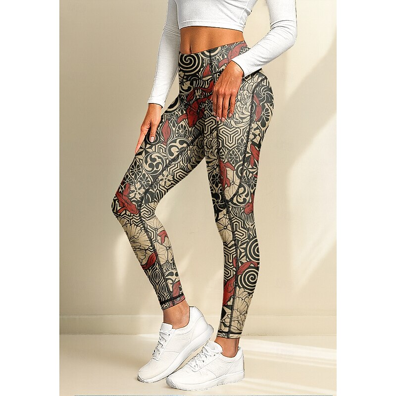 Women's pilates leggings fitness pants Gym Leggings Pockets Stamp Duty Side Pockets Pilates Gym Gym Workout Pants Tights Leggings Animal Patterned Boho Red Sports Activewear Stretchy Tight Fit2