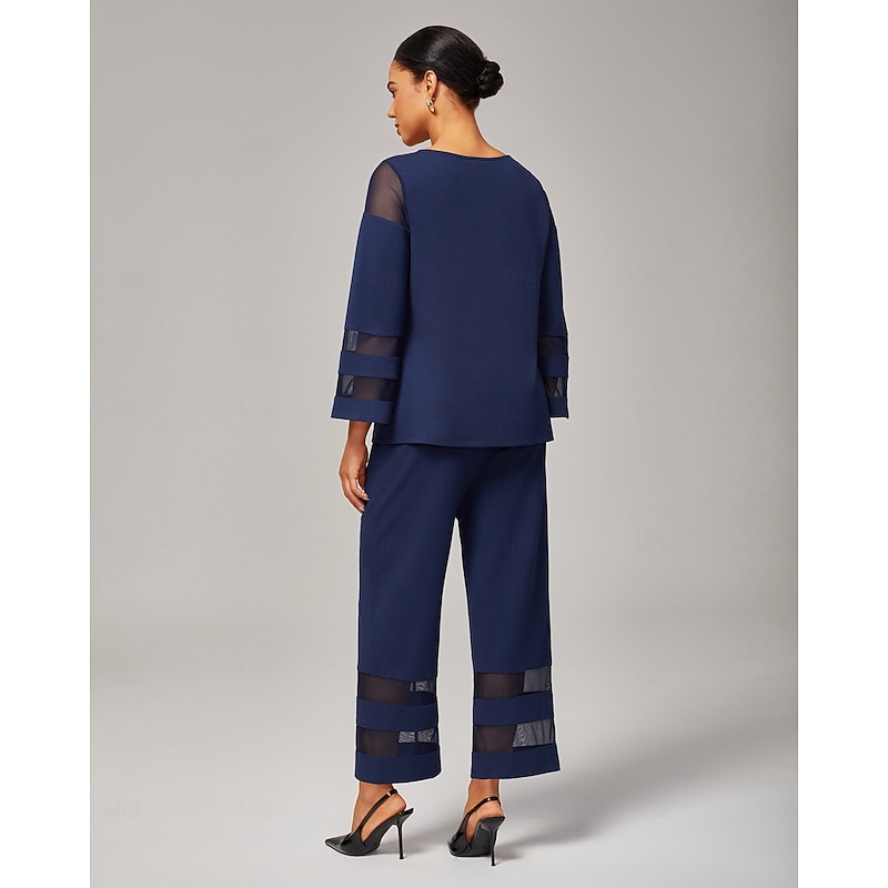 Women's Elegant Dark Blue Modal Top Fitted with Sheer Chiffon Sleeves Stylish Lightweight Comfortable Daily Work Evening Fall4