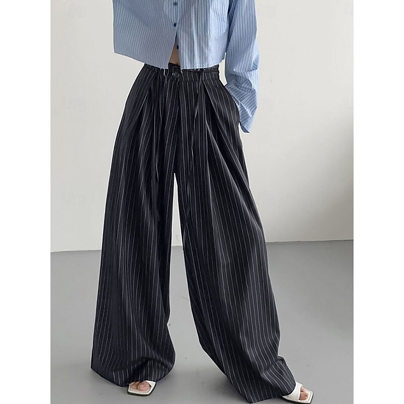 Women's Wide Leg Chinos Vacation Fashion Streetwear Full Length High Waist Striped Pocket Elastic Waistband Printing Comfy Soft Comfortable Stretchy Outdoor Street Navy-blue Spring Fall Loose Fit4