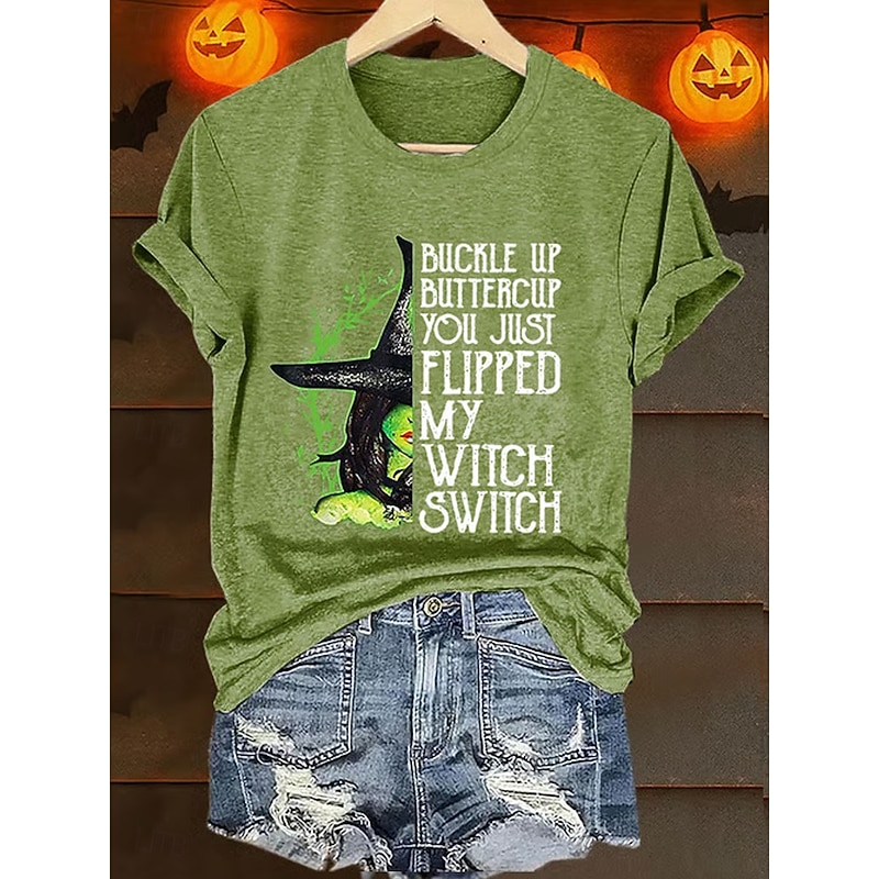 Halloween Women's T Shirt Graphic Witch Vintage Stylish Classic Short Sleeve Crew Neck Regular Tops Daily Going out Weekend Print White Blue Orange Green Summer Fall