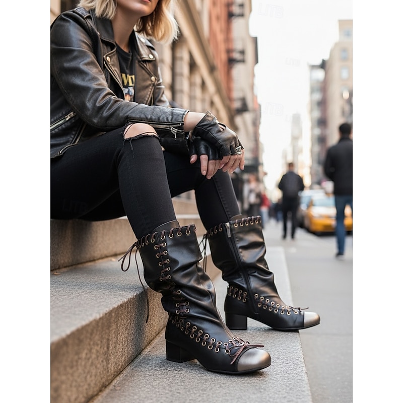 Women's Leather Slouchy Boots with Lace - Up Detailing, Steampunk - Inspired Style for Urban Fashion Outfits, Ideal for Trendy City Looks and Daily Wear