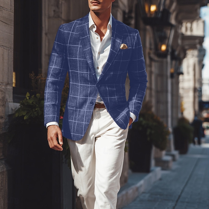 Men Plaid Suit Formal Chic & Modern All Seasons Polyester Plaid Classic Single Breasted Two-button Blazer Blue