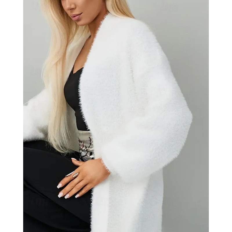 Women's Sweater Cardigan Fashion Streetwear Daily Solid Color Ribbed Open Front Knitted Long Sleeve Long Tops Knit Holiday Going out Weekend White Fall Winter4