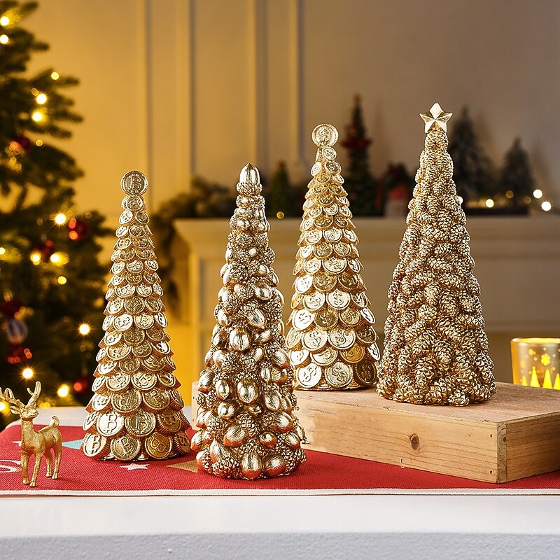 Christmas Tabletop Tree Decoration, Golden Acorn Pinecone Dollar Bitcoin Design, Resin Mini Christmas Tree Statue Ornament for Holiday Indoor Décor, Shop Window Display, Gift
