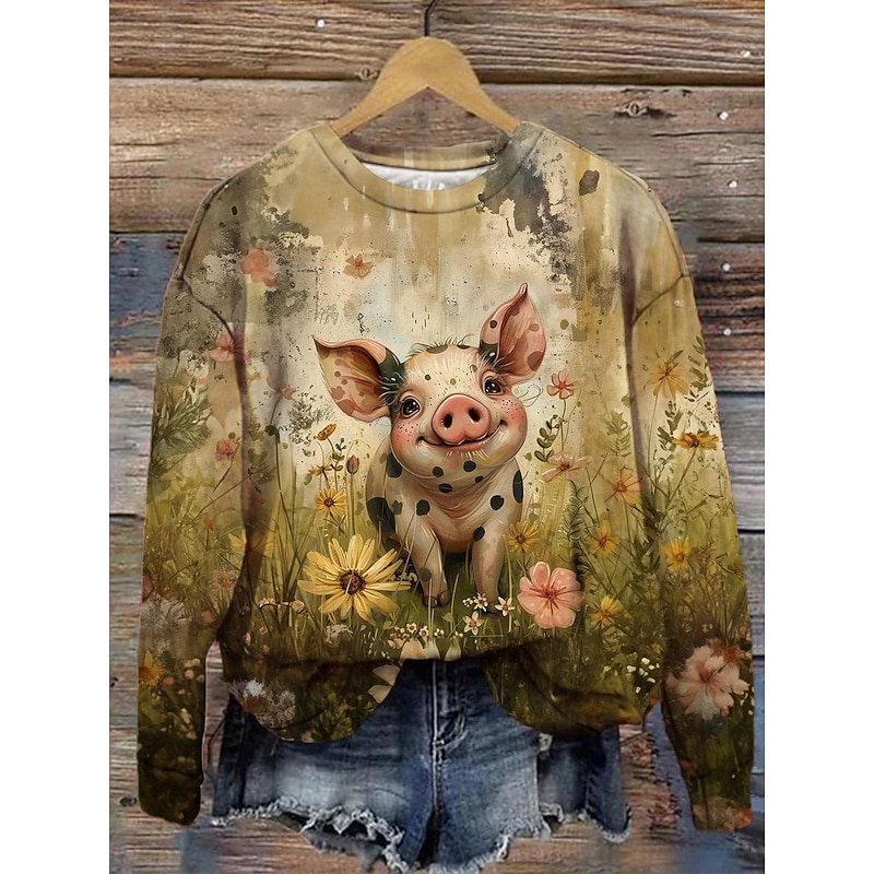Women's Sweatshirts Floral Graphic Animal Vintage Casual Long Sleeve Crew Neck Regular Tops Street Dailywear Casual Print Yellow Pink Spring Fall Winter
