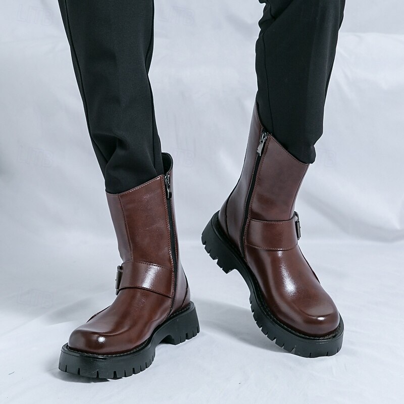 Men's Mid - Calf PU Leather Fashion Boots with Buckle Strap | Chunky Sole for Urban Style & Durability3